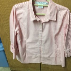 Button down red and white striped blouse